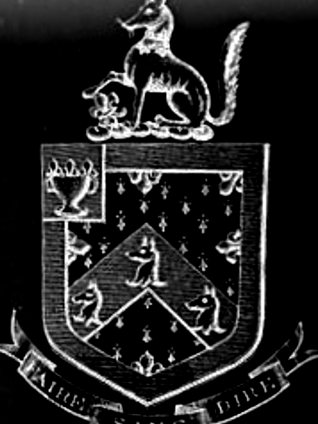 Fox family crest: fox sejant atop a shield bearing chevron between three foxes' heads, fleurs-de-lys semé, and a chalice in canton; motto banner reads Faire Sans Dire